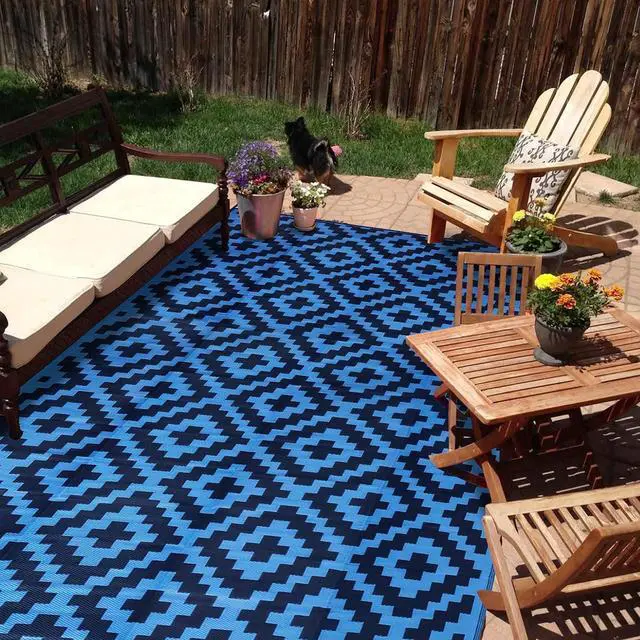Main image of 9x18 Ft Blue Reversible Plastic Outdoor Area Rug Waterproof UVResistant Foldable Large Floor Mat With Carry Bag And Ground Stakes For RV Patio Backyard Deck Beach Camping Picnic