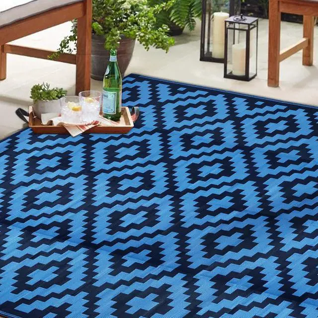 Alt view image 2 of 7 - 9x18 Ft Blue Reversible Plastic Outdoor Area Rug Waterproof UVResistant Foldable Large Floor Mat With Carry Bag And Ground Stakes For RV Patio Backyard Deck Beach Camping Picnic