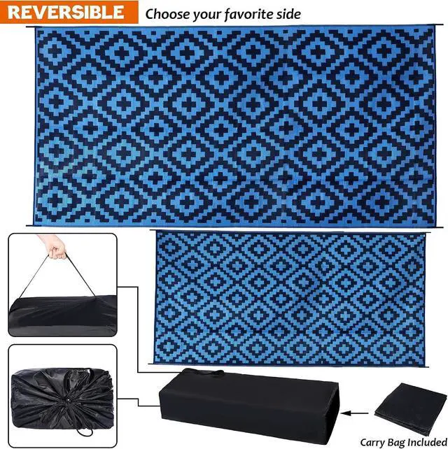 Alt view image 3 of 7 - 9x18 Ft Blue Reversible Plastic Outdoor Area Rug Waterproof UVResistant Foldable Large Floor Mat With Carry Bag And Ground Stakes For RV Patio Backyard Deck Beach Camping Picnic