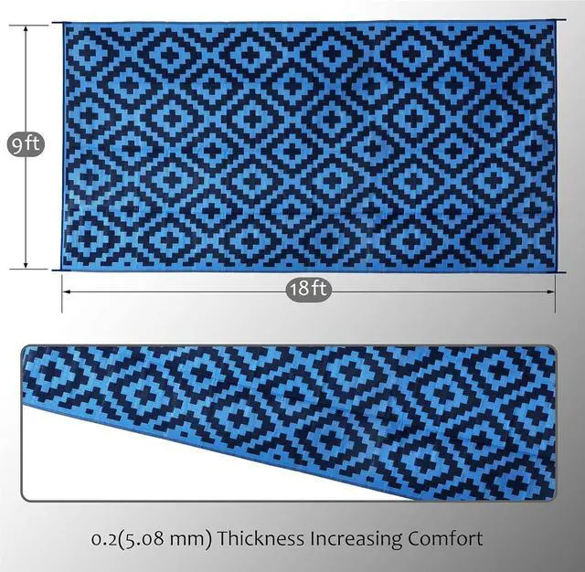 Alt view image 5 of 7 - 9x18 Ft Blue Reversible Plastic Outdoor Area Rug Waterproof UVResistant Foldable Large Floor Mat With Carry Bag And Ground Stakes For RV Patio Backyard Deck Beach Camping Picnic