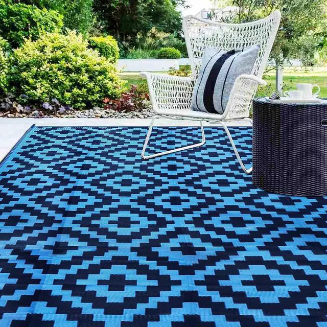 Alt view image 6 of 7 - 9x18 Ft Blue Reversible Plastic Outdoor Area Rug Waterproof UVResistant Foldable Large Floor Mat With Carry Bag And Ground Stakes For RV Patio Backyard Deck Beach Camping Picnic
