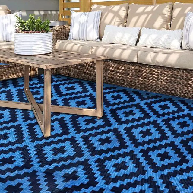 Alt view image 7 of 7 - 9x18 Ft Blue Reversible Plastic Outdoor Area Rug Waterproof UVResistant Foldable Large Floor Mat With Carry Bag And Ground Stakes For RV Patio Backyard Deck Beach Camping Picnic