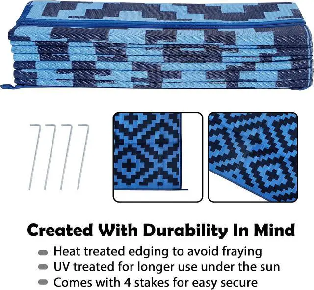 Alt view image 4 of 7 - 9x18 Ft Blue Reversible Plastic Outdoor Area Rug Waterproof UVResistant Foldable Large Floor Mat With Carry Bag And Ground Stakes For RV Patio Backyard Deck Beach Camping Picnic