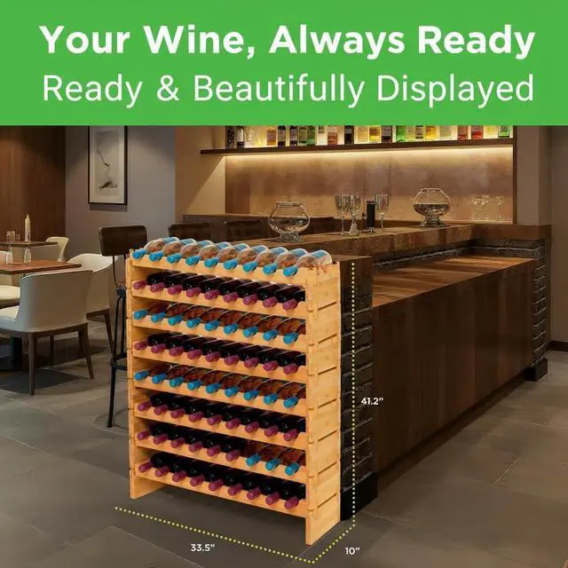 Alt view image 2 of 7 - 72 Bottle Stackable Bamboo Wine Rack, 8-Tier Modular Freestanding Storage Shelf, Wobble Free Structure, No Tool Assembly, 33.5" x 10" x 41" for Kitchen Cellar Home Bar