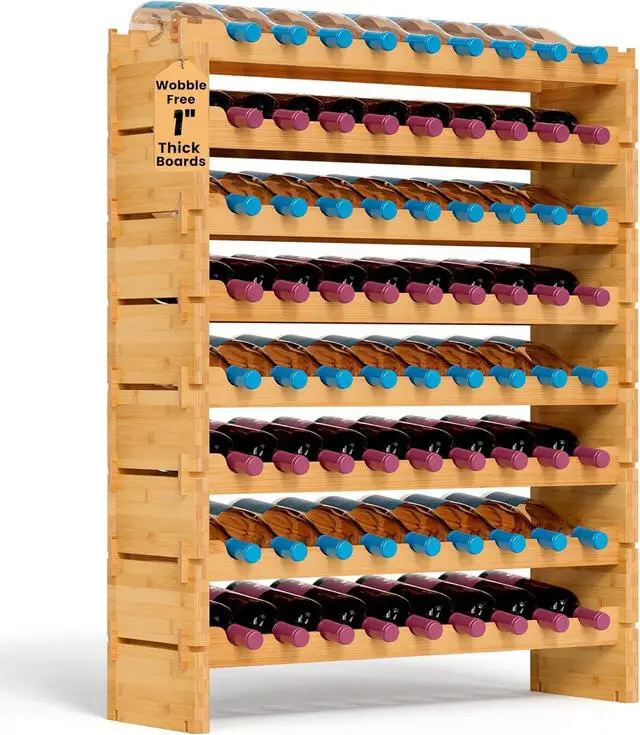 Main image of 72 Bottle Stackable Bamboo Wine Rack, 8-Tier Modular Freestanding Storage Shelf, Wobble Free Structure, No Tool Assembly, 33.5" x 10" x 41" for Kitchen Cellar Home Bar