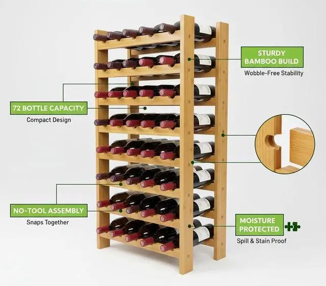 Alt view image 3 of 7 - 72 Bottle Stackable Bamboo Wine Rack, 8-Tier Modular Freestanding Storage Shelf, Wobble Free Structure, No Tool Assembly, 33.5" x 10" x 41" for Kitchen Cellar Home Bar