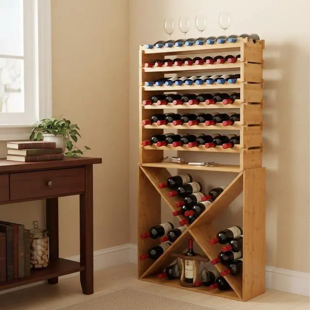 Alt view image 4 of 7 - 72 Bottle Stackable Bamboo Wine Rack, 8-Tier Modular Freestanding Storage Shelf, Wobble Free Structure, No Tool Assembly, 33.5" x 10" x 41" for Kitchen Cellar Home Bar