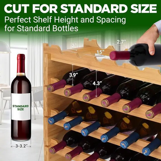 Alt view image 6 of 7 - 72 Bottle Stackable Bamboo Wine Rack, 8-Tier Modular Freestanding Storage Shelf, Wobble Free Structure, No Tool Assembly, 33.5" x 10" x 41" for Kitchen Cellar Home Bar