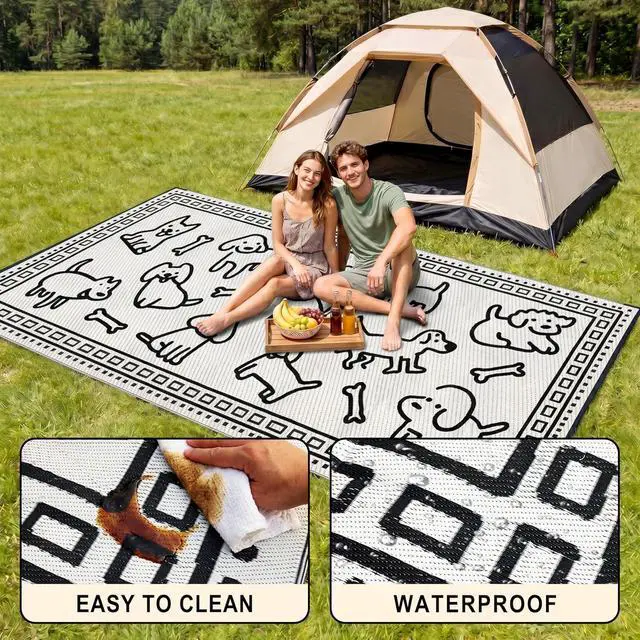 Alt view image 2 of 7 - 9x18 Ft Reversible Plastic Straw Outdoor Patio Rug Waterproof UV Resistant Floor Mat With 4 Ground Stakes And Carry Bag For Camping Picnic Beach RV Backyard