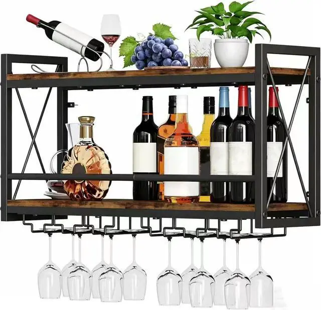 Main image of Retro Wall Mounted Wine Rack, Wood-Metal 2-in-1 Wine Bottle & Glass Holder, Wall Storage Display Shelf for Kitchen Dining Room Home Bar, 31.50"W×7.91"D×16.85"H