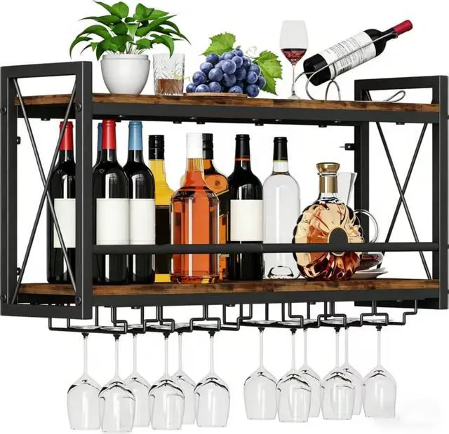 Alt view image 2 of 4 - Retro Wall Mounted Wine Rack, Wood-Metal 2-in-1 Wine Bottle & Glass Holder, Wall Storage Display Shelf for Kitchen Dining Room Home Bar, 31.50"W×7.91"D×16.85"H