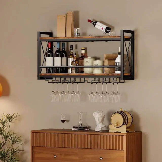 Alt view image 3 of 4 - Retro Wall Mounted Wine Rack, Wood-Metal 2-in-1 Wine Bottle & Glass Holder, Wall Storage Display Shelf for Kitchen Dining Room Home Bar, 31.50"W×7.91"D×16.85"H