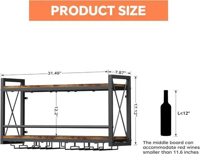 Alt view image 4 of 4 - Retro Wall Mounted Wine Rack, Wood-Metal 2-in-1 Wine Bottle & Glass Holder, Wall Storage Display Shelf for Kitchen Dining Room Home Bar, 31.50"W×7.91"D×16.85"H