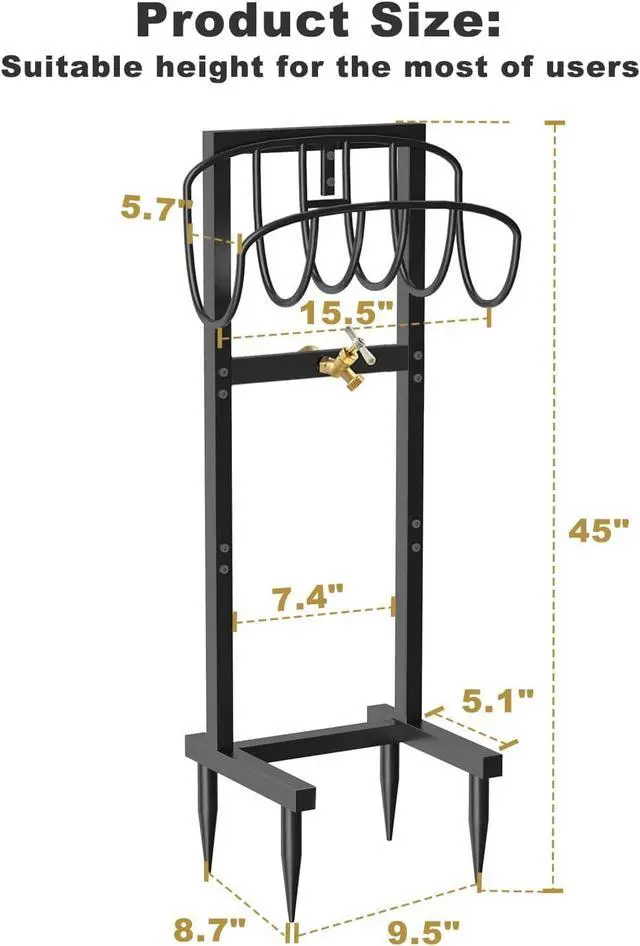 Alt view image 2 of 7 - Heavy Duty Freestanding Garden Hose Holder with 4 Spikes & Brass Faucet, Metal Water Hose Reel Stand Hanger Rack Organizer Holds 150ft Hose for Outdoor Yard Lawn, Black