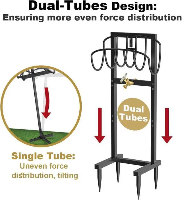 Alt view image 4 of 7 - Heavy Duty Freestanding Garden Hose Holder with 4 Spikes & Brass Faucet, Metal Water Hose Reel Stand Hanger Rack Organizer Holds 150ft Hose for Outdoor Yard Lawn, Black