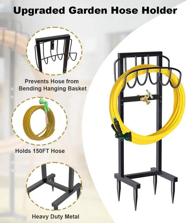 Alt view image 5 of 7 - Heavy Duty Freestanding Garden Hose Holder with 4 Spikes & Brass Faucet, Metal Water Hose Reel Stand Hanger Rack Organizer Holds 150ft Hose for Outdoor Yard Lawn, Black