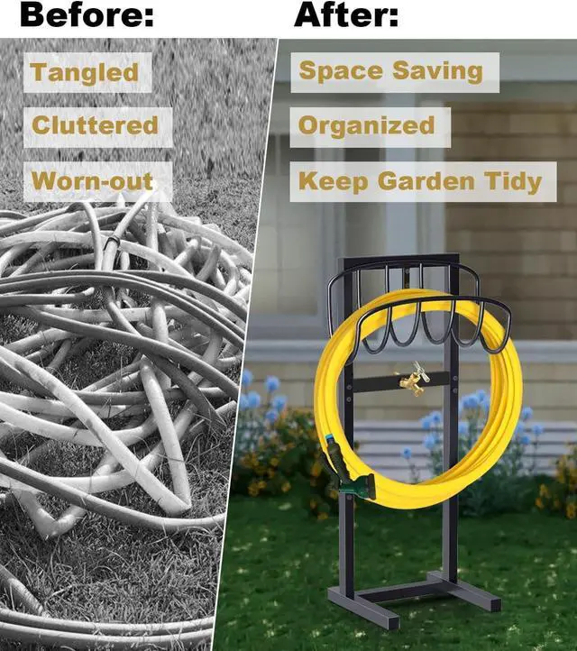 Alt view image 6 of 7 - Heavy Duty Freestanding Garden Hose Holder with 4 Spikes & Brass Faucet, Metal Water Hose Reel Stand Hanger Rack Organizer Holds 150ft Hose for Outdoor Yard Lawn, Black