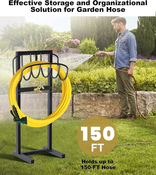 Alt view image 7 of 7 - Heavy Duty Freestanding Garden Hose Holder with 4 Spikes & Brass Faucet, Metal Water Hose Reel Stand Hanger Rack Organizer Holds 150ft Hose for Outdoor Yard Lawn, Black
