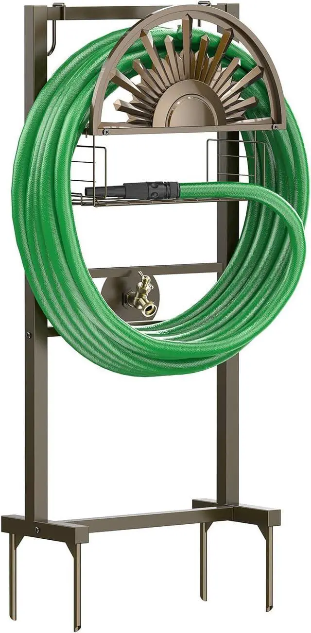 Main image of Heavy Duty Freestanding Garden Hose Holder with Brass Faucet Detachable Water Hose Stand with Storage Basket Sturdy Hose Reel Hanger Supports 150FT Hose for Patio Yard Lawn Outdoor Use