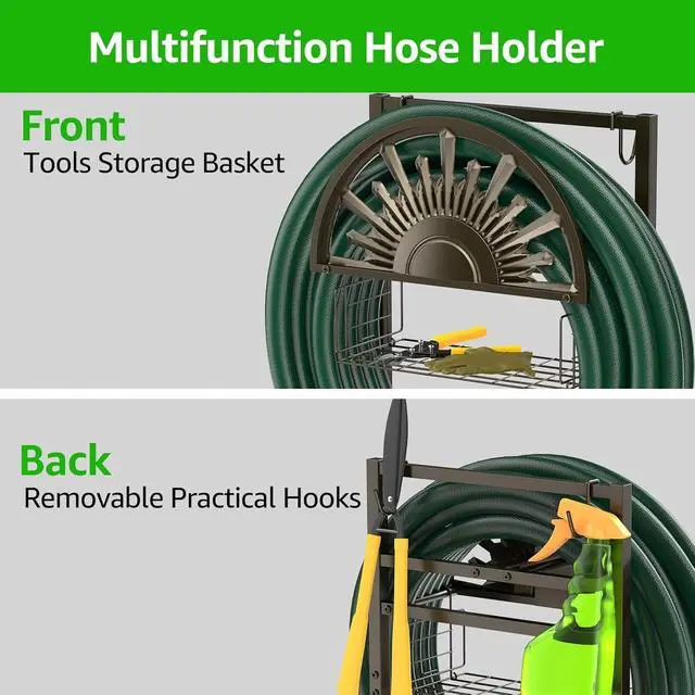 Alt view image 2 of 7 - Heavy Duty Freestanding Garden Hose Holder with Brass Faucet Detachable Water Hose Stand with Storage Basket Sturdy Hose Reel Hanger Supports 150FT Hose for Patio Yard Lawn Outdoor Use