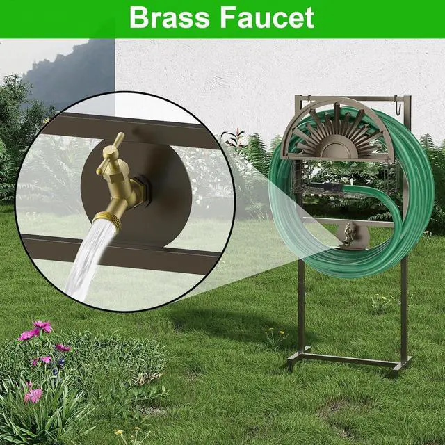 Alt view image 3 of 7 - Heavy Duty Freestanding Garden Hose Holder with Brass Faucet Detachable Water Hose Stand with Storage Basket Sturdy Hose Reel Hanger Supports 150FT Hose for Patio Yard Lawn Outdoor Use