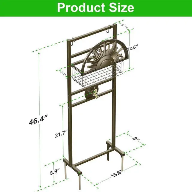 Alt view image 4 of 7 - Heavy Duty Freestanding Garden Hose Holder with Brass Faucet Detachable Water Hose Stand with Storage Basket Sturdy Hose Reel Hanger Supports 150FT Hose for Patio Yard Lawn Outdoor Use