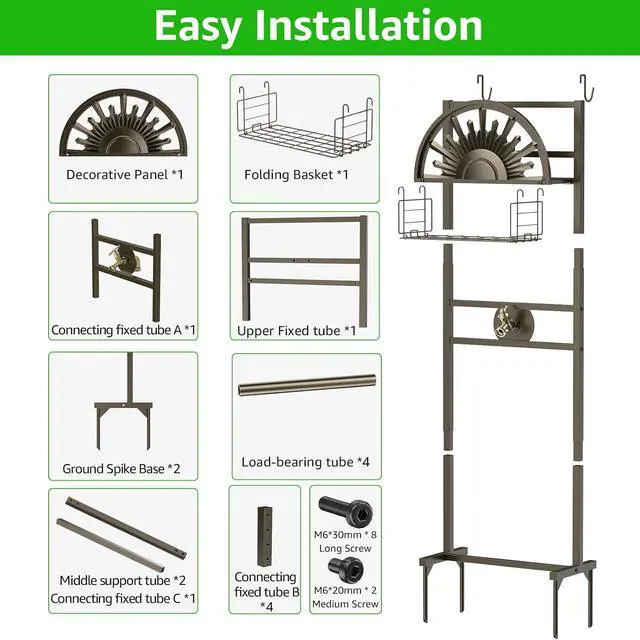 Alt view image 6 of 7 - Heavy Duty Freestanding Garden Hose Holder with Brass Faucet Detachable Water Hose Stand with Storage Basket Sturdy Hose Reel Hanger Supports 150FT Hose for Patio Yard Lawn Outdoor Use