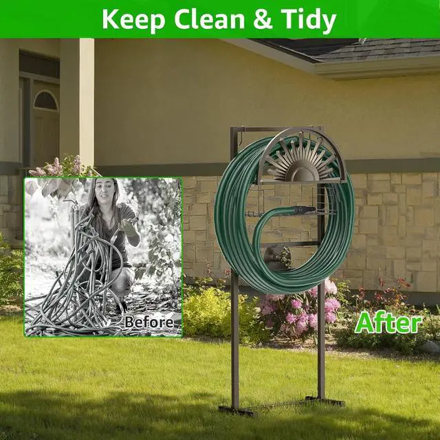 Alt view image 7 of 7 - Heavy Duty Freestanding Garden Hose Holder with Brass Faucet Detachable Water Hose Stand with Storage Basket Sturdy Hose Reel Hanger Supports 150FT Hose for Patio Yard Lawn Outdoor Use