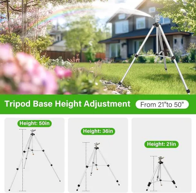 Alt view image 3 of 7 - 2 Pack 50 Inch Adjustable Tripod Impact Sprinkler, Heavy Duty Brass Nozzle Sprinkler, 360° Rotating Extendable Height Irrigation System for Large Yard Lawn Garden Watering