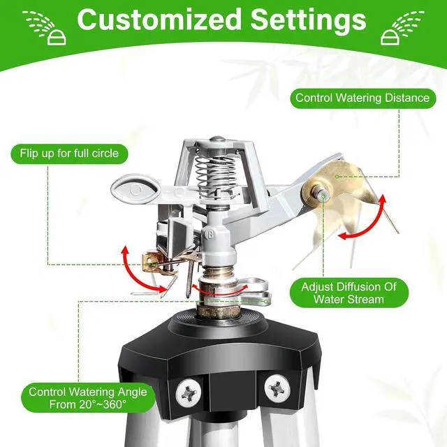 Alt view image 4 of 7 - 2 Pack 50 Inch Adjustable Tripod Impact Sprinkler, Heavy Duty Brass Nozzle Sprinkler, 360° Rotating Extendable Height Irrigation System for Large Yard Lawn Garden Watering