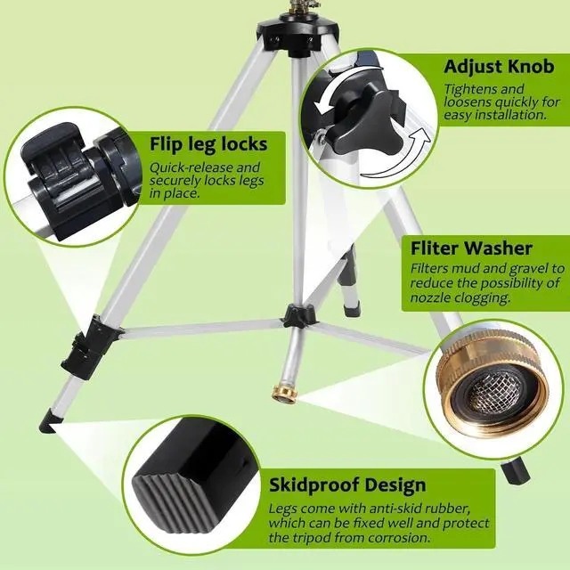 Alt view image 5 of 7 - 2 Pack 50 Inch Adjustable Tripod Impact Sprinkler, Heavy Duty Brass Nozzle Sprinkler, 360° Rotating Extendable Height Irrigation System for Large Yard Lawn Garden Watering