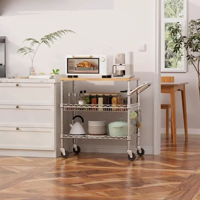 Alt view image 2 of 7 - 3-Tier Rolling Kitchen Cart with Wooden Tabletop, Heavy Duty Rustproof Utility Cart, Adjustable Shelves, Lockable Wheels and Hooks, Multifunctional Mobile Storage Trolley for Kitchen Restaurant Garage
