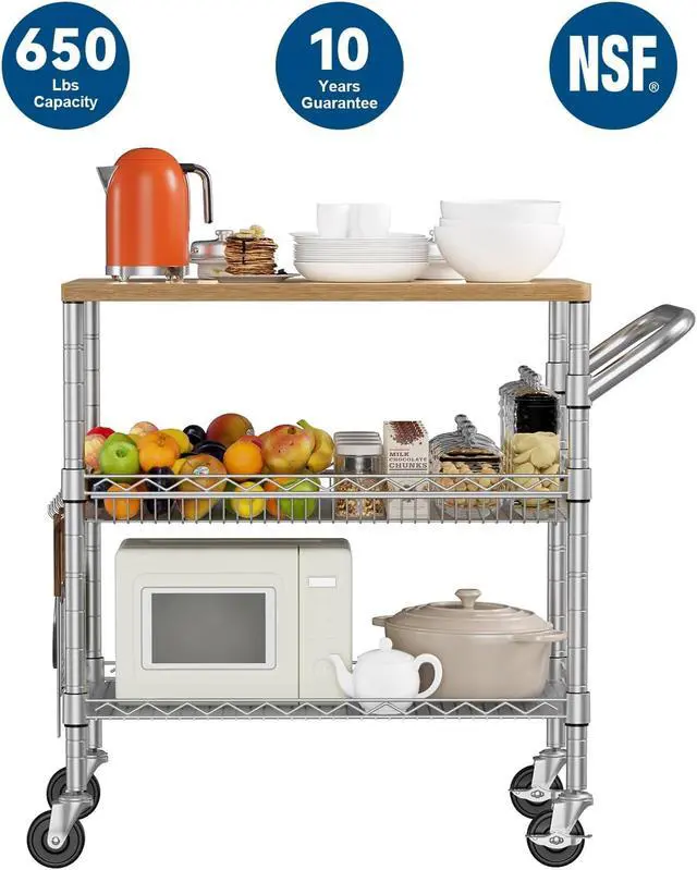 Alt view image 3 of 7 - 3-Tier Rolling Kitchen Cart with Wooden Tabletop, Heavy Duty Rustproof Utility Cart, Adjustable Shelves, Lockable Wheels and Hooks, Multifunctional Mobile Storage Trolley for Kitchen Restaurant Garage