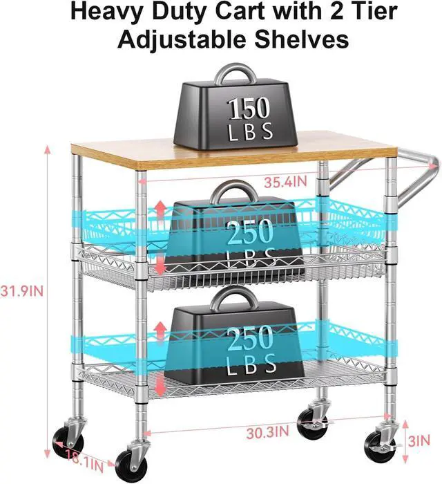 Alt view image 4 of 7 - 3-Tier Rolling Kitchen Cart with Wooden Tabletop, Heavy Duty Rustproof Utility Cart, Adjustable Shelves, Lockable Wheels and Hooks, Multifunctional Mobile Storage Trolley for Kitchen Restaurant Garage