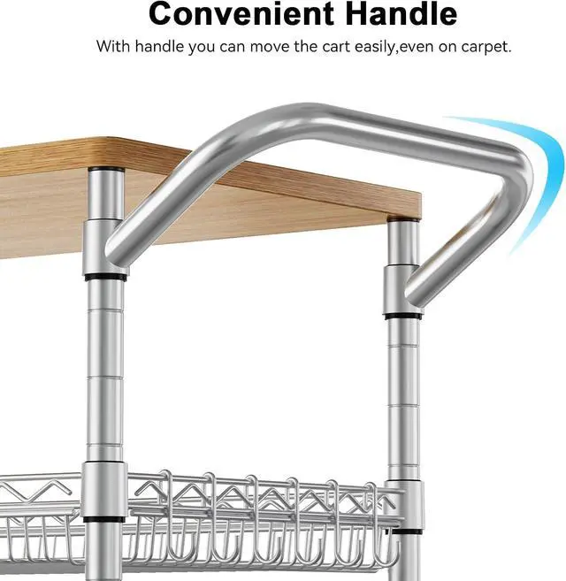 Alt view image 6 of 7 - 3-Tier Rolling Kitchen Cart with Wooden Tabletop, Heavy Duty Rustproof Utility Cart, Adjustable Shelves, Lockable Wheels and Hooks, Multifunctional Mobile Storage Trolley for Kitchen Restaurant Garage