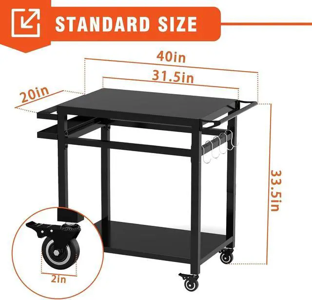 Alt view image 2 of 7 - 20"x32" Double-Shelf Movable Grill Cart, Outdoor Food Prep & Pizza Oven Table, Grill Stand Fits Blackstone Griddle 17" 22"