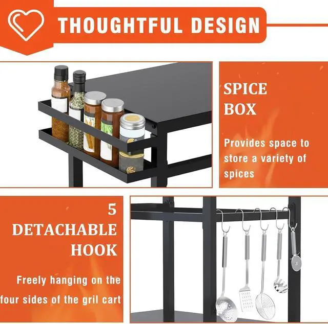 Alt view image 3 of 7 - 20"x32" Double-Shelf Movable Grill Cart, Outdoor Food Prep & Pizza Oven Table, Grill Stand Fits Blackstone Griddle 17" 22"