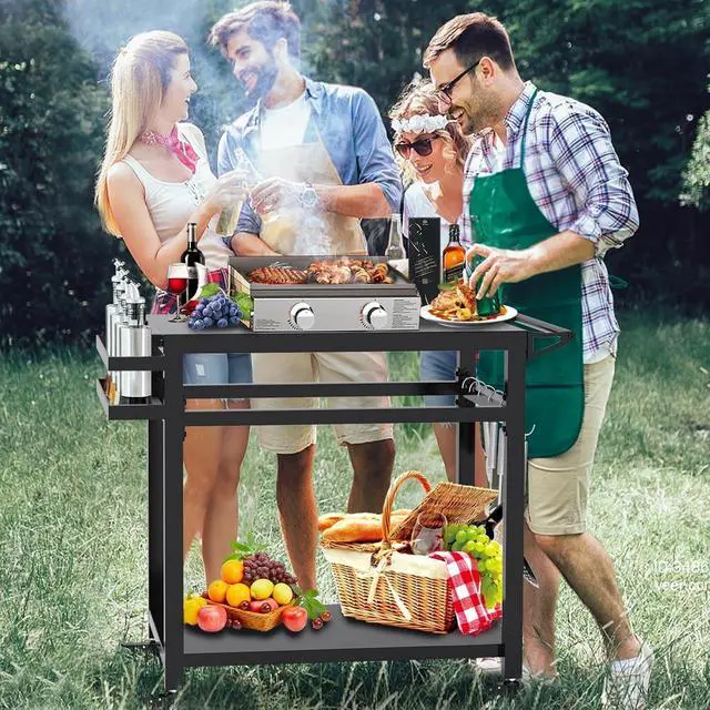 Alt view image 6 of 7 - 20"x32" Double-Shelf Movable Grill Cart, Outdoor Food Prep & Pizza Oven Table, Grill Stand Fits Blackstone Griddle 17" 22"