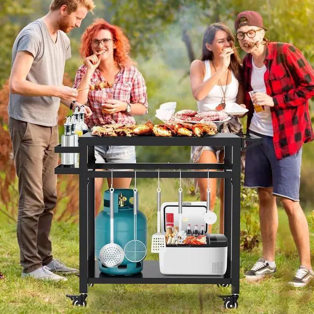 Alt view image 5 of 7 - 20"x32" Double-Shelf Movable Grill Cart, Outdoor Food Prep & Pizza Oven Table, Grill Stand Fits Blackstone Griddle 17" 22"