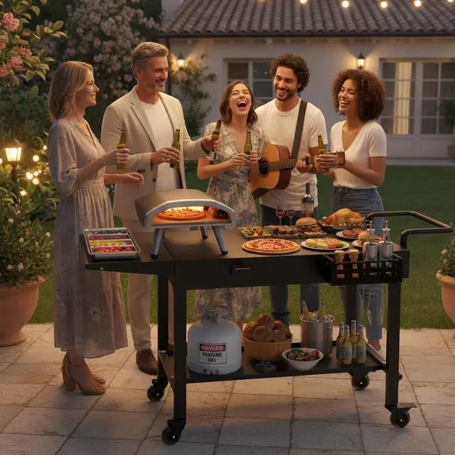 Alt view image 2 of 7 - Foldable Outdoor Grill Cart Stand with Wheels and Caddy, 440lb Capacity Rolling Prep Table Fits 17 22 Griddles for Camping Backyard Cooking