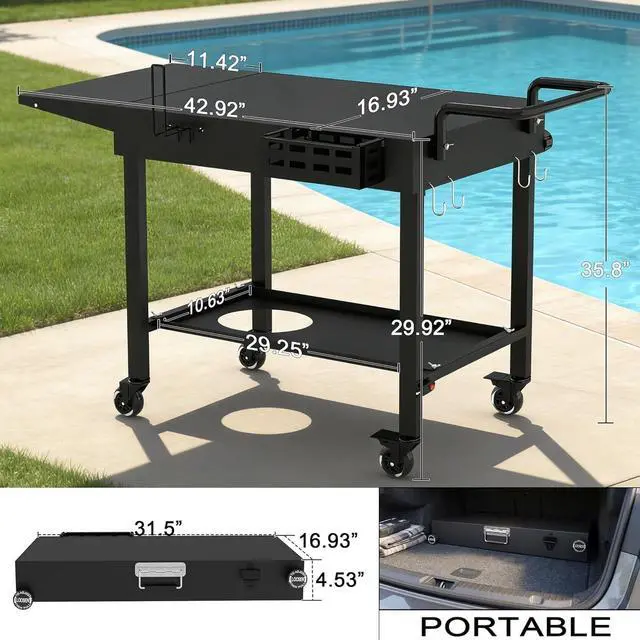 Alt view image 3 of 7 - Foldable Outdoor Grill Cart Stand with Wheels and Caddy, 440lb Capacity Rolling Prep Table Fits 17 22 Griddles for Camping Backyard Cooking