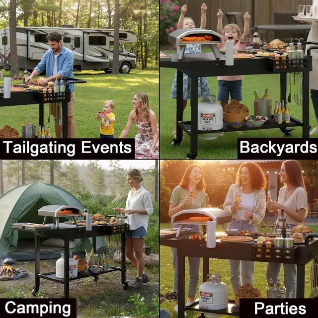 Alt view image 4 of 7 - Foldable Outdoor Grill Cart Stand with Wheels and Caddy, 440lb Capacity Rolling Prep Table Fits 17 22 Griddles for Camping Backyard Cooking