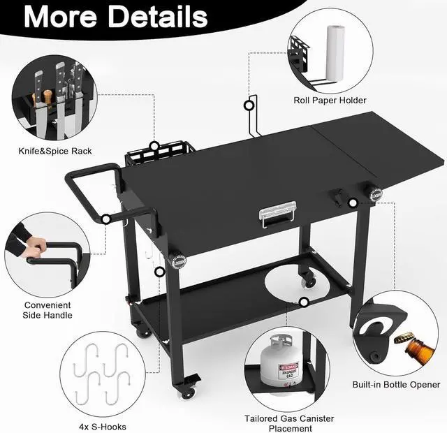 Alt view image 5 of 7 - Foldable Outdoor Grill Cart Stand with Wheels and Caddy, 440lb Capacity Rolling Prep Table Fits 17 22 Griddles for Camping Backyard Cooking