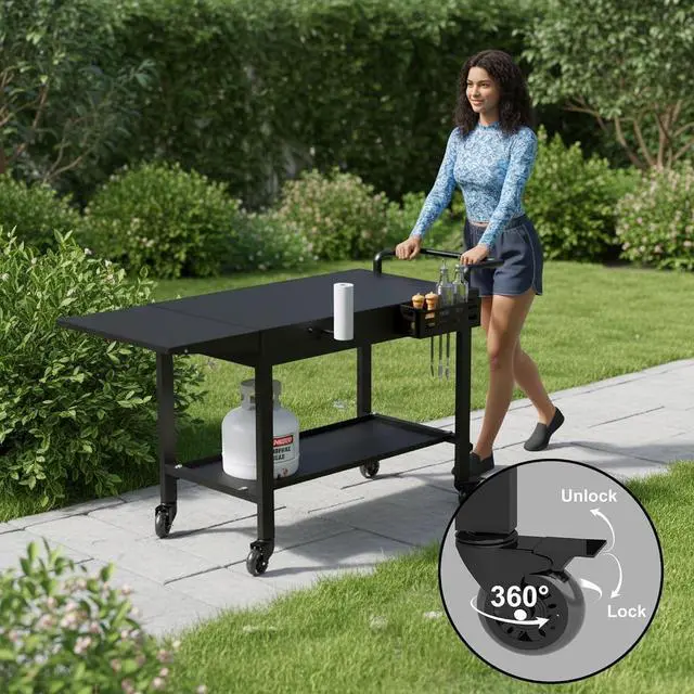 Alt view image 6 of 7 - Foldable Outdoor Grill Cart Stand with Wheels and Caddy, 440lb Capacity Rolling Prep Table Fits 17 22 Griddles for Camping Backyard Cooking