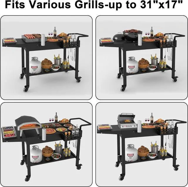 Alt view image 7 of 7 - Foldable Outdoor Grill Cart Stand with Wheels and Caddy, 440lb Capacity Rolling Prep Table Fits 17 22 Griddles for Camping Backyard Cooking