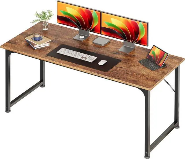 Main image of 55 Inch Modern Computer Desk, Sturdy Metal Frame Home Office Writing Workstation, Spacious Desktop Gaming Desk with Large Legroom, Simple Industrial Study Desk for Bedroom Office Study, Rustic Brown