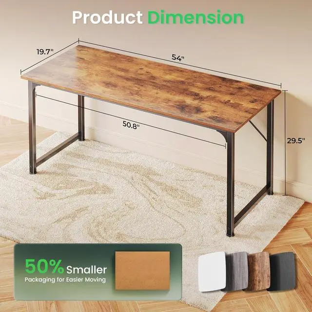 Alt view image 2 of 7 - 55 Inch Modern Computer Desk, Sturdy Metal Frame Home Office Writing Workstation, Spacious Desktop Gaming Desk with Large Legroom, Simple Industrial Study Desk for Bedroom Office Study, Rustic Brown