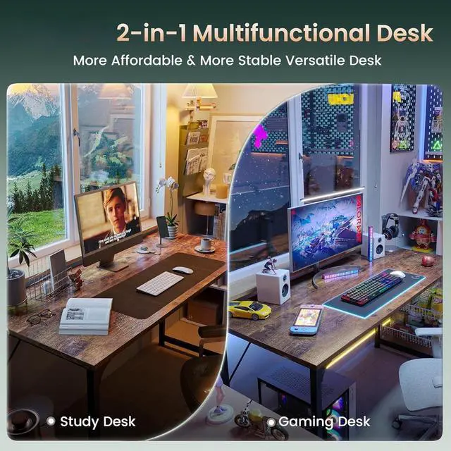 Alt view image 3 of 7 - 55 Inch Modern Computer Desk, Sturdy Metal Frame Home Office Writing Workstation, Spacious Desktop Gaming Desk with Large Legroom, Simple Industrial Study Desk for Bedroom Office Study, Rustic Brown