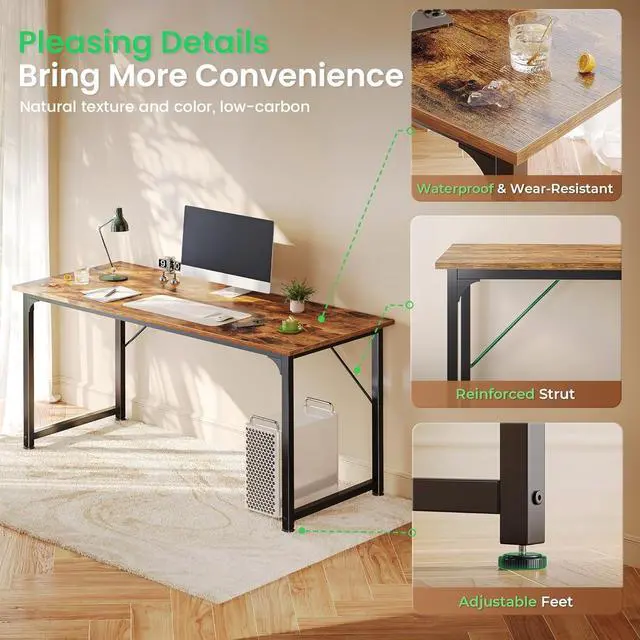 Alt view image 5 of 7 - 55 Inch Modern Computer Desk, Sturdy Metal Frame Home Office Writing Workstation, Spacious Desktop Gaming Desk with Large Legroom, Simple Industrial Study Desk for Bedroom Office Study, Rustic Brown