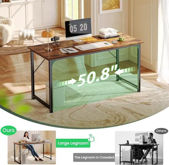Alt view image 6 of 7 - 55 Inch Modern Computer Desk, Sturdy Metal Frame Home Office Writing Workstation, Spacious Desktop Gaming Desk with Large Legroom, Simple Industrial Study Desk for Bedroom Office Study, Rustic Brown